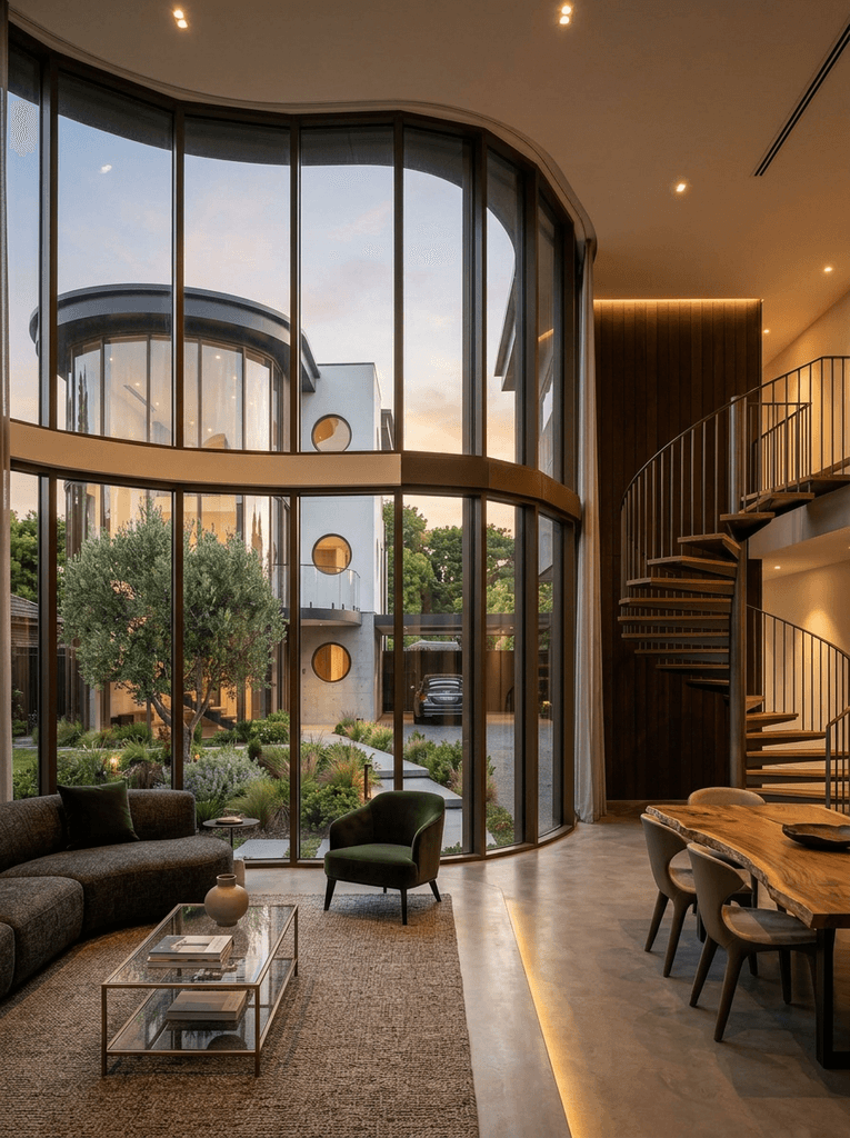 Modern living room with curved windows and spiral staircase.