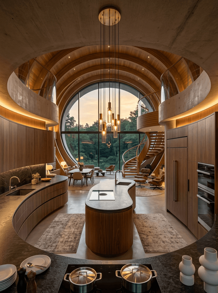 Modern curved kitchen with large circular window