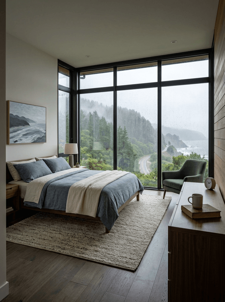 Bedroom with panoramic windows and ocean view