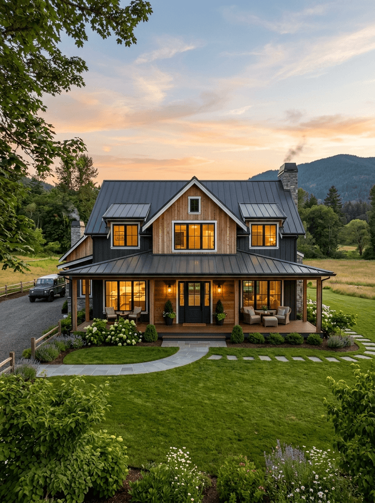 Charming country house with glowing windows and lush garden at sunset.