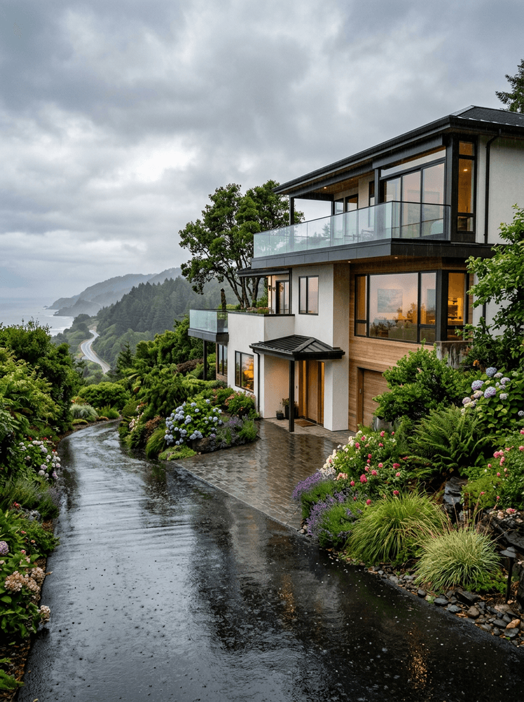 Modern house with ocean views and lush gardens on a rainy day.