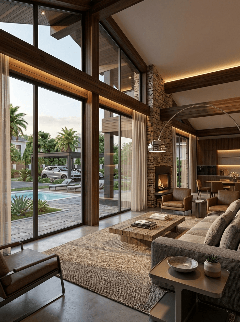 Modern living room with stone fireplace & large windows overlooking pool.
