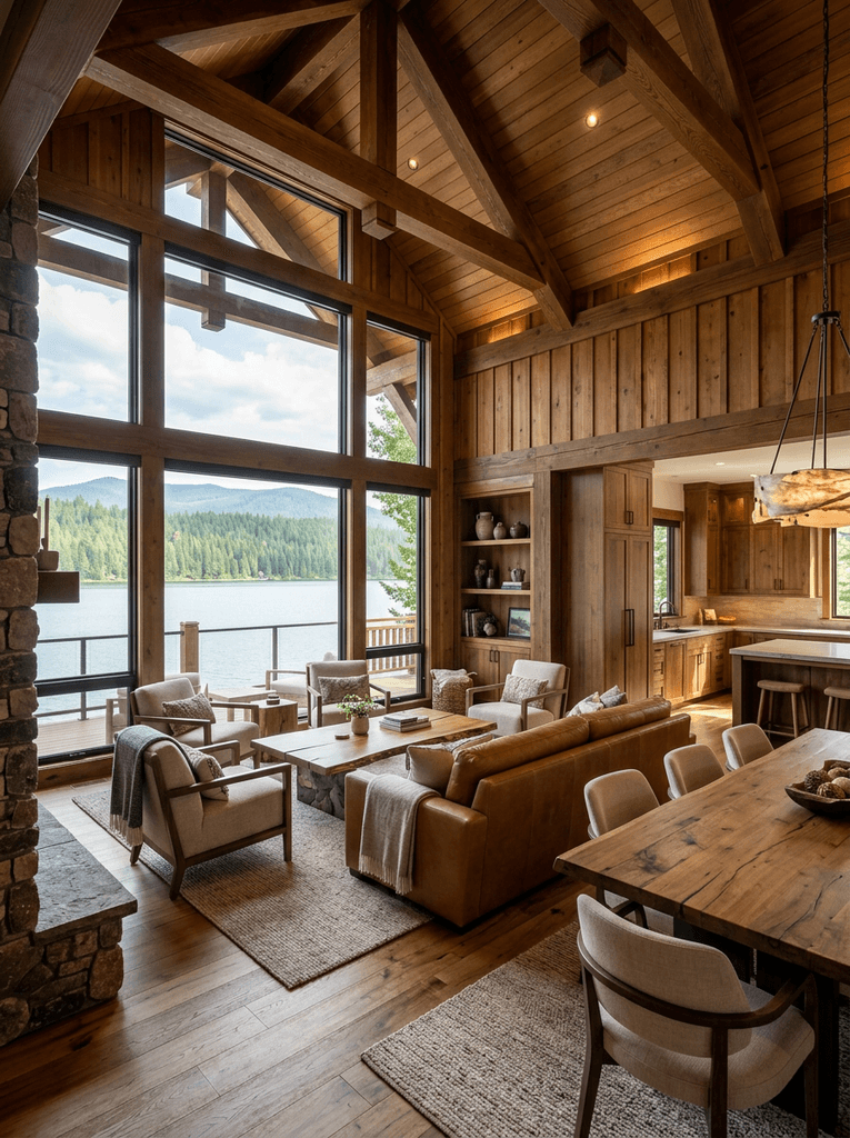 A cozy wooden interior featuring large windows, comfortable seating, and a dining area with warm lighting.