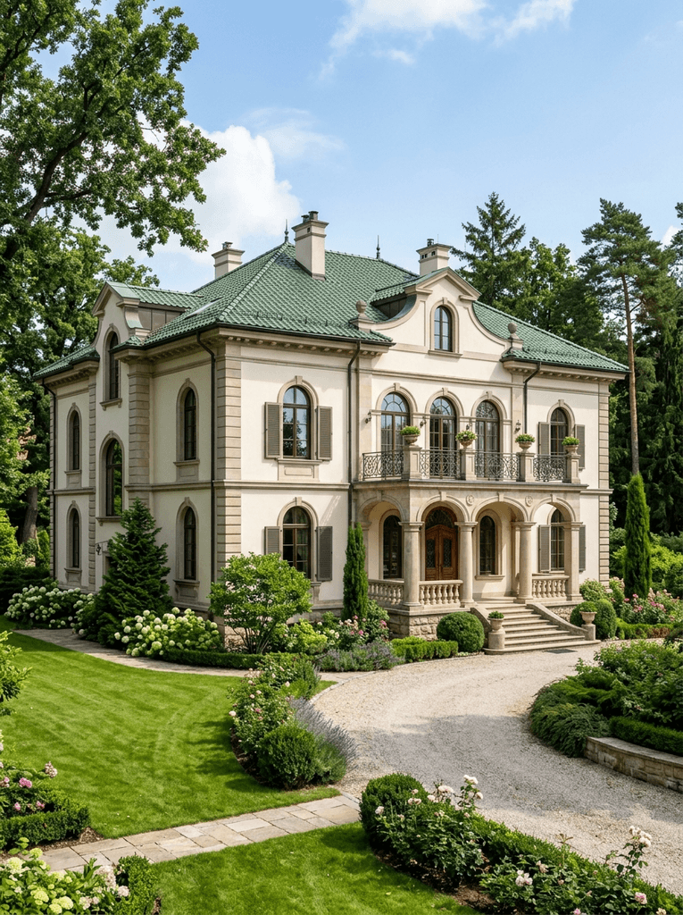 Elegant villa with green roof, surrounded by lush garden and trees.