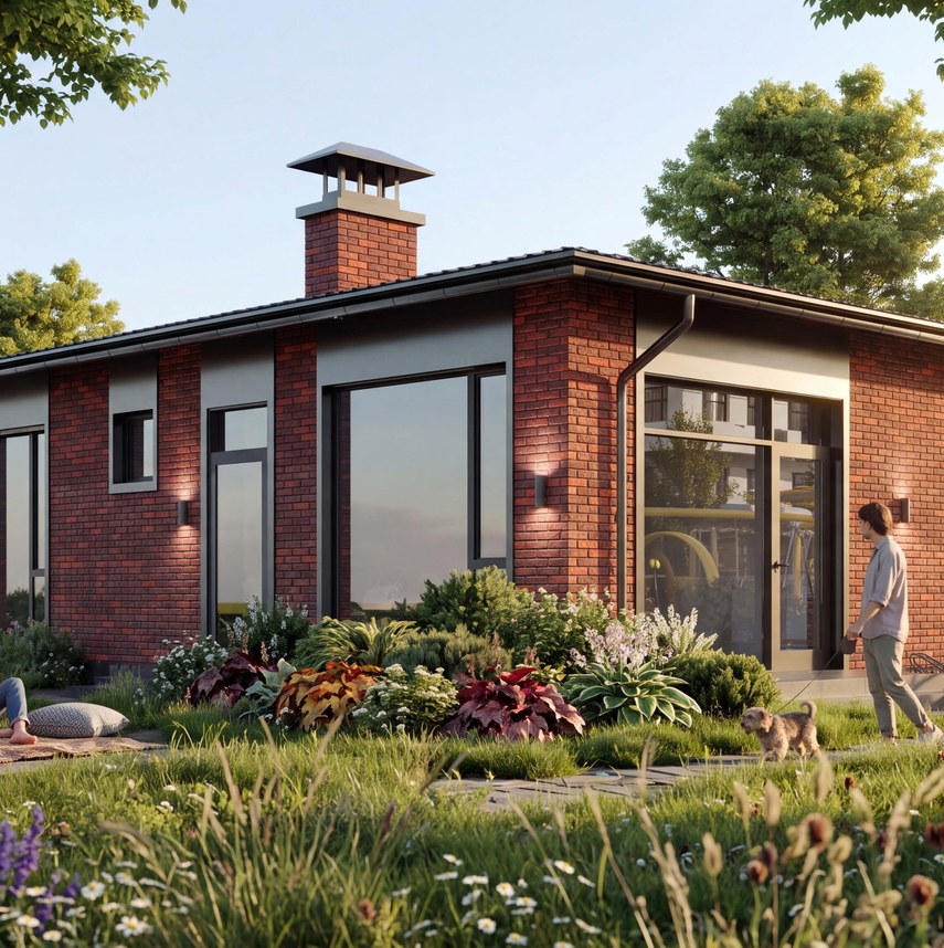 Modern glass house with hillside view and landscaped garden.