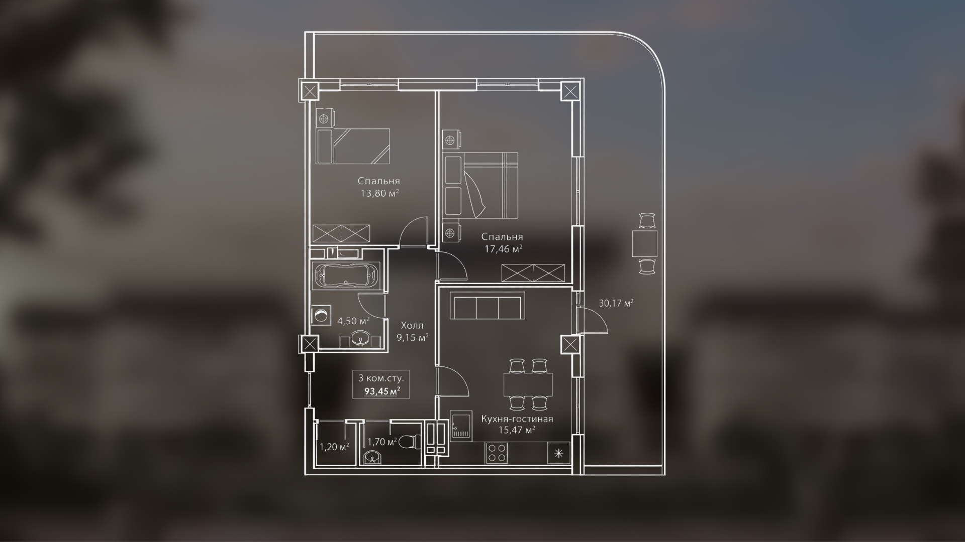 Планировка Апартаменты 93,45 м²